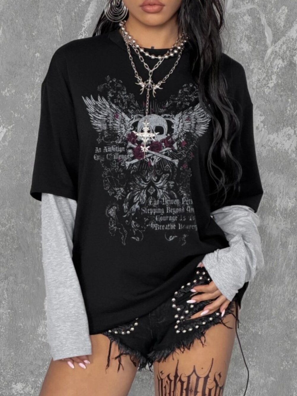 Black Skull Graphic Tee with Faux Layered Grey Sleeves